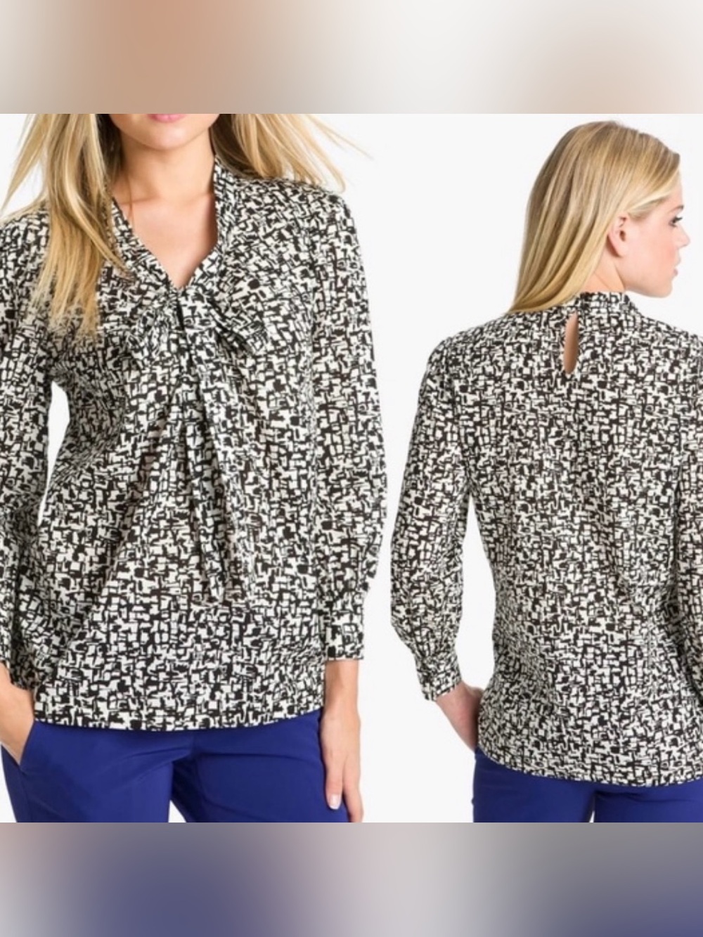 Kate Spade - Black and White Geometric Printed Tie-Neck Blouse